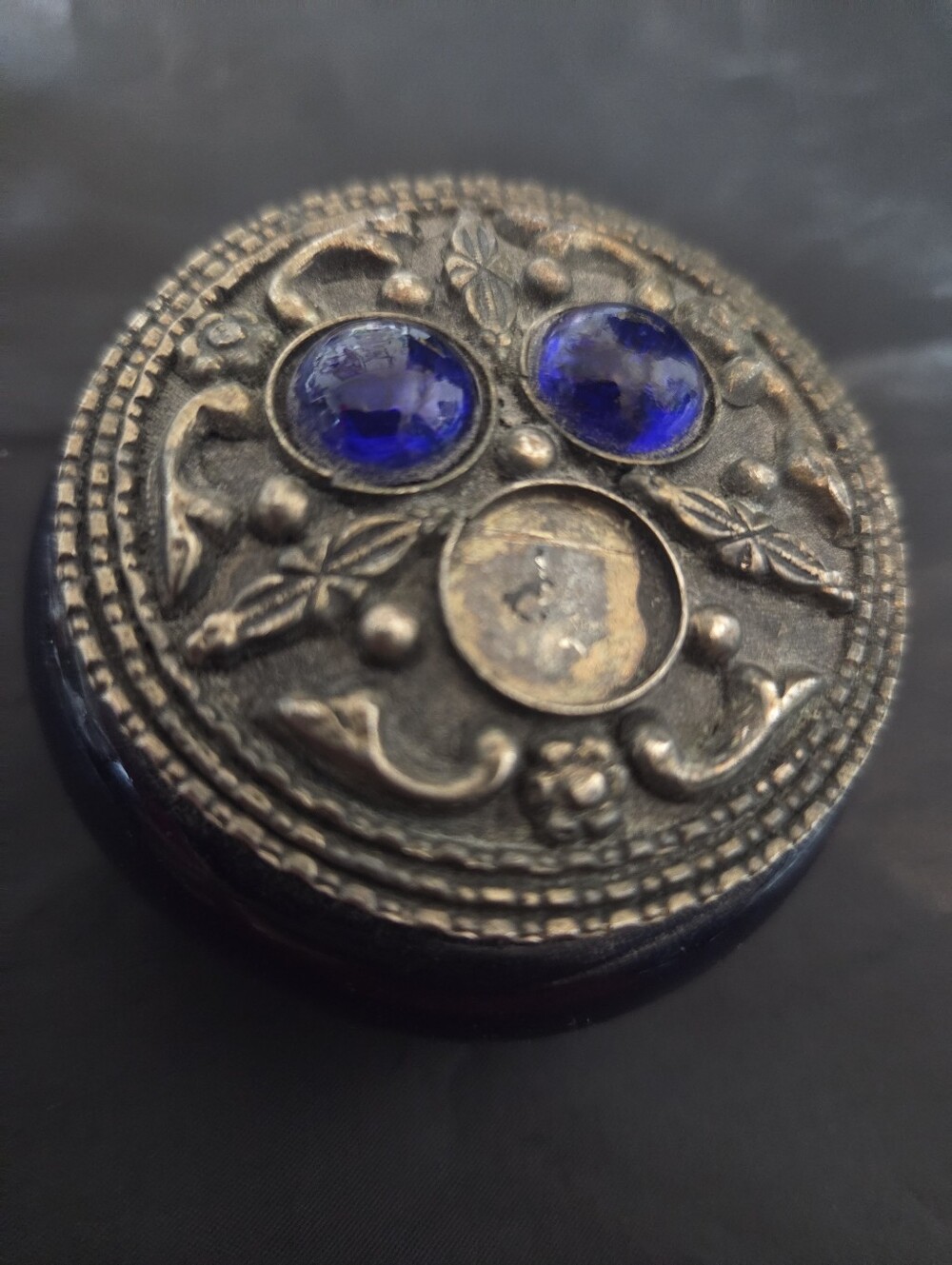 Vintage Art Deco Cobalt Glass Pill Box Jeweled Filigree Lid Vanity Decor As Is